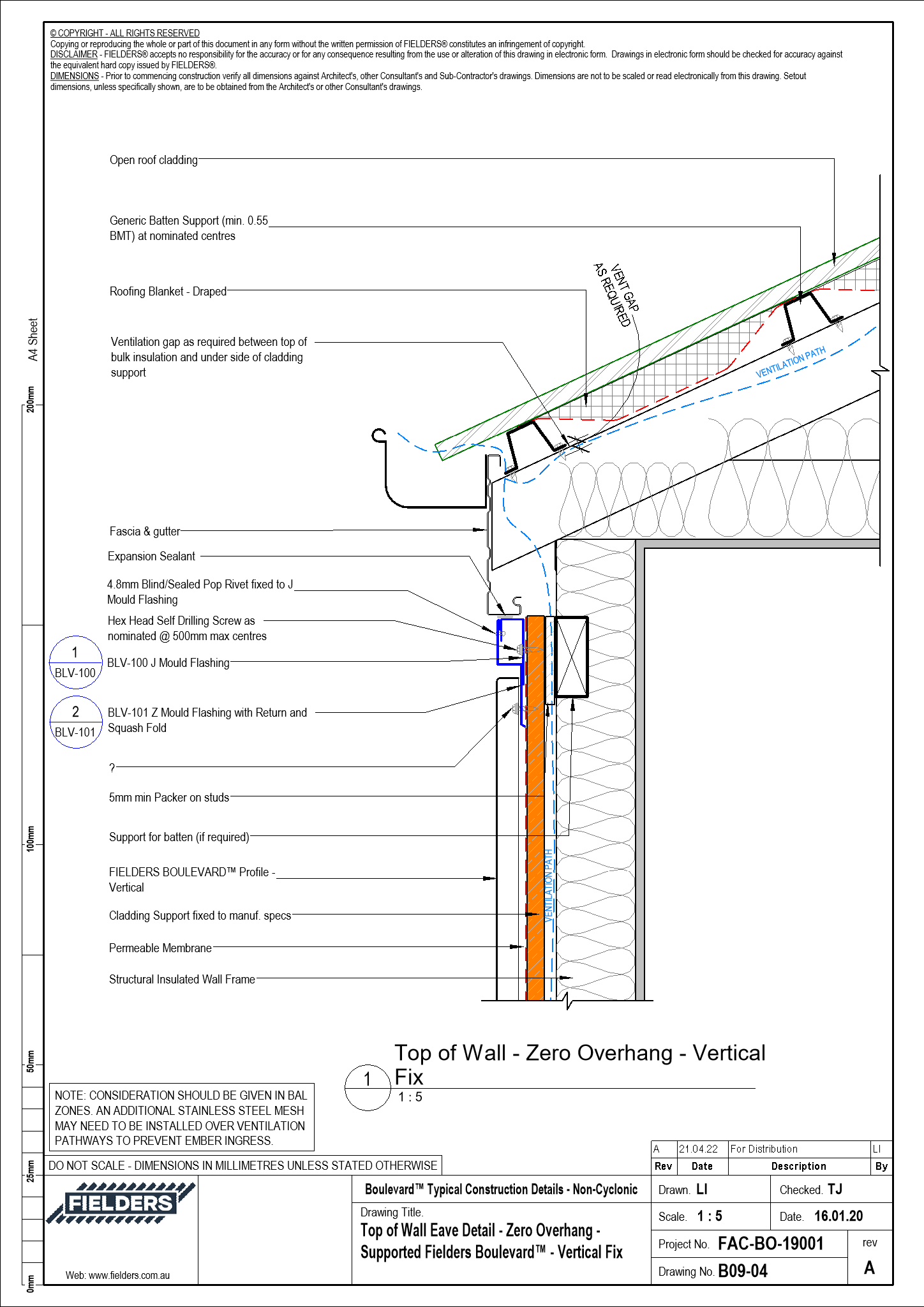 B0904 Top of Wall Eave Detail Zero Overhang Supported Fielders